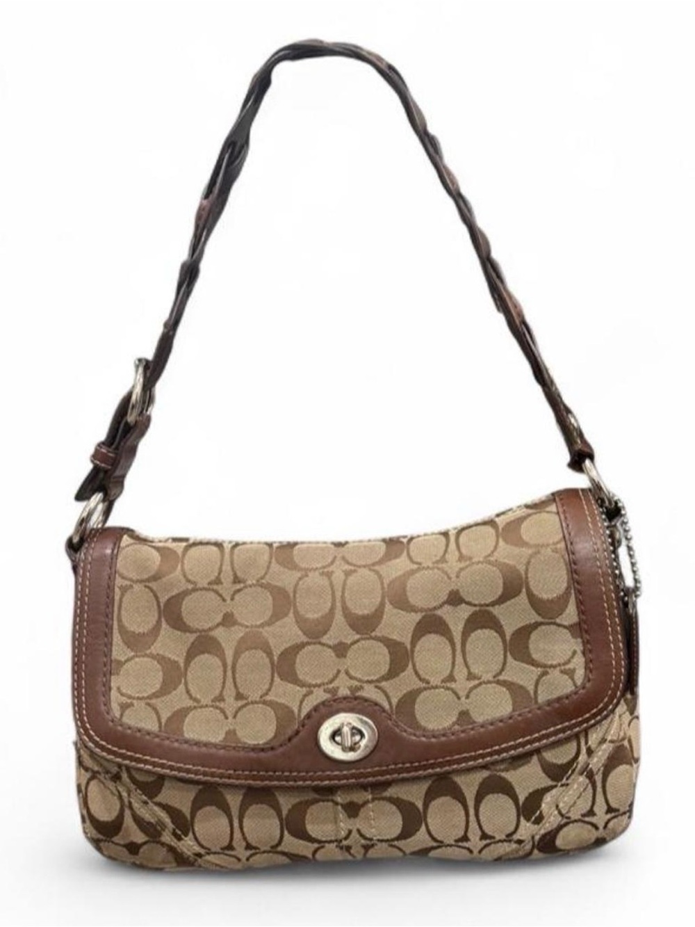 Vintage Coach Y2K Tan canvas shoulder bag with leather braided shoulder strap